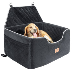 Black dog booster car seat for medium to large pets, featuring a sofa-style design and safety belts.