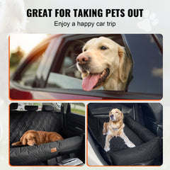 Black dog booster car seat with high back and adjustable safety belt for medium to large dogs.