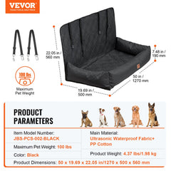 Black dog booster car seat designed for medium to large dogs, featuring a high-back design.