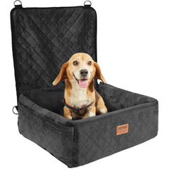 Bostome Dog Booster Car Seat in black with soft fabric, adjustable seat belts, and storage pocket.