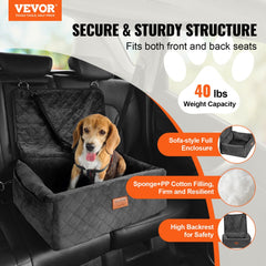 Bostome Dog Booster Car Seat in black for small to medium dogs, featuring soft fabric and storage pocket.