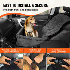 Bostome Dog Booster Car Seat in black for small to medium dogs, featuring soft fabric and storage pocket.