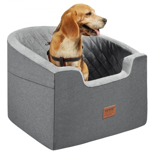 Gray Bostome dog booster car seat with a beagle seated inside, elevated for small to medium dogs up to 55 lbs.