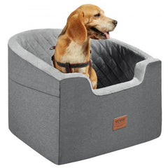 Gray Bostome dog booster car seat with a beagle seated inside, elevated for small to medium dogs up to 55 lbs.