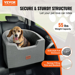 Gray Bostome dog booster car seat with full enclosure, sponge filling, and 55 lbs capacity, shown with a beagle inside a car.