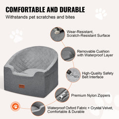 Gray Bostome dog booster car seat for small to medium dogs, with pet-resistant fabric, removable cushion, safety belt, and nylon zippers.