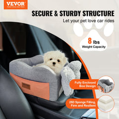 Dark gray dog car seat with a plush pad, side straps, and waterproof fabric for small dogs.