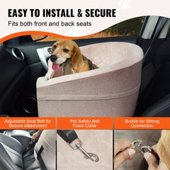 Brown dog booster car seat for small to medium pets, featuring plush support and safety straps.