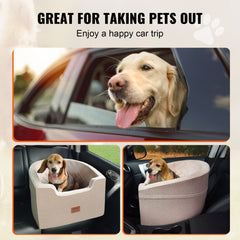Brown dog booster car seat for small to medium pets, featuring a plush, removable pad.