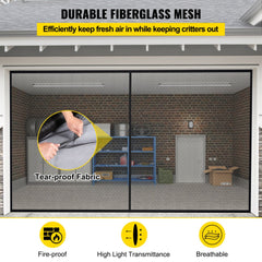 Heavy-duty fiberglass mesh garage door screen for two cars with strong magnets and gravity sticks.