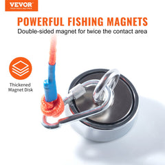Double-sided neodymium fishing magnet with thickened disk and attached orange rope