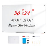 36x24 frameless magnetic glass whiteboard with markers, eraser, tray, and mounting hardware.