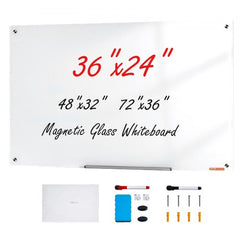 36x24 frameless magnetic glass whiteboard with markers, eraser, tray, and mounting hardware.