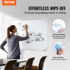 A woman writes on a 36x24 frameless magnetic glass whiteboard with smooth markers and easy wipe-off surface.