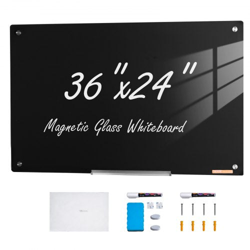 Frameless black magnetic glass whiteboard measuring 36x24 inches with markers and accessories.