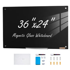 Frameless black magnetic glass whiteboard measuring 36x24 inches with markers and accessories.