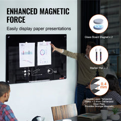 Frameless black magnetic glass whiteboard, 36x24 inches, with magnets and markers.