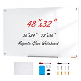 Wall-mounted Bostome magnetic glass whiteboard, 48"x32", with a smooth, frameless design.