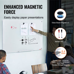 Wall-mounted 48"x32" magnetic glass whiteboard with a smooth, frameless design.
