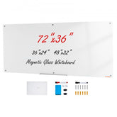 Frameless Bostome magnetic glass whiteboard 72"x36" with a smooth writing surface and marker tray.