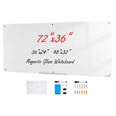 Frameless 72"x36" magnetic glass whiteboard with a smooth writing surface and marker tray.