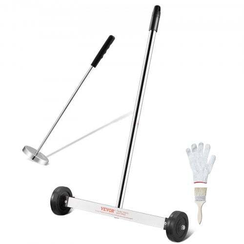 15-inch wheeled magnetic sweeper with telescoping handle, magnetic pickup wand, brush, and gloves.