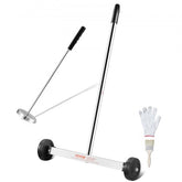 15-inch wheeled magnetic sweeper with telescoping handle, magnetic pickup wand, brush, and gloves.