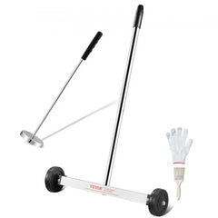 15-inch wheeled magnetic sweeper with telescoping handle, magnetic pickup wand, brush, and gloves.