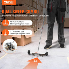15-inch wheeled magnetic sweeper with telescoping handle and compact pickup tool for metal debris collection.