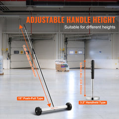 15-inch magnetic sweeper with adjustable handle from 17.5 to 41 inches and wheels on a warehouse floor.