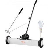 24-inch magnetic sweeper with wheels and a telescoping pickup tool for efficient metal debris collection.