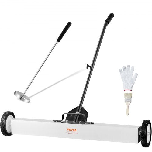 36-inch Bostome magnetic sweeper with wheels, telescoping handle, pickup tool, gloves, and brush.