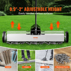 A 36-inch wheeled magnetic sweeper with adjustable telescoping handle for picking up nails and screws on various surfaces.