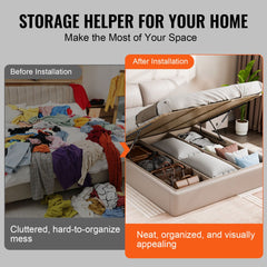 Before-and-after image of a cluttered bed transformed by Bostome bed lift hardware into organized under-bed storage.