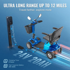 Blue 4-wheel folding mobility scooter with 24V battery, charging stand, and 12-mile range display.