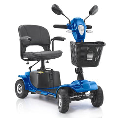 Blue heavy-duty 4-wheel folding mobility scooter with black seat and front basket.