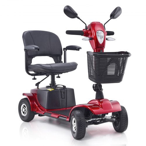 Red heavy-duty 4-wheel mobility scooter with black seat, basket, and whitewall tires.