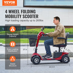 Red 4-wheel folding mobility scooter with 265 lbs capacity, shown in use outdoors.