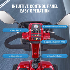 Close-up of red Bostome mobility scooter's control panel with key switch, battery indicator, speed knob, and headlight button.