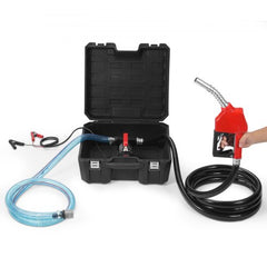 Portable 12V diesel fuel transfer pump in black case with auto nozzle, hoses, and clamps.