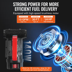 Bostome 12V 10 GPM 1/4 HP diesel fuel transfer pump with auto nozzle, showing specs like 30 ft lift.