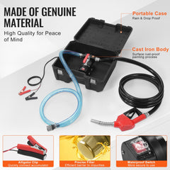 Bostome 12V diesel fuel transfer pump with auto nozzle, hoses, and portable case open