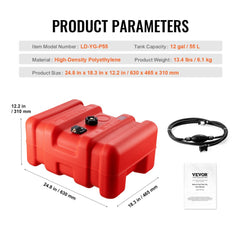 Red 14.53-gallon portable marine fuel tank with hose and built-in gauge.