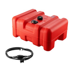 Red 14.53-gallon portable marine fuel tank with attached black hose and bulb.