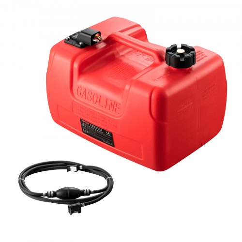 Red 3.17-gallon portable marine fuel tank with black hose and bulb.