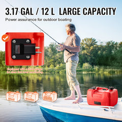 Red 3.17-gallon portable marine fuel tank with hose, shown on a boat by a man fishing.
