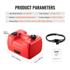 Red 3.17-gallon plastic marine fuel tank with carry handle, vented cap, and attached hose.