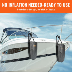 Two black 8.6" x 16" EVA boat fenders with ropes attached to the sides of a white motorboat.