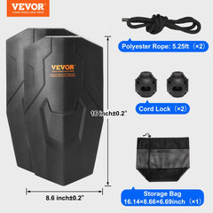 Two black 8.6x16-inch EVA boat fenders with 5.25-foot polyester ropes, cord locks, and storage bag.