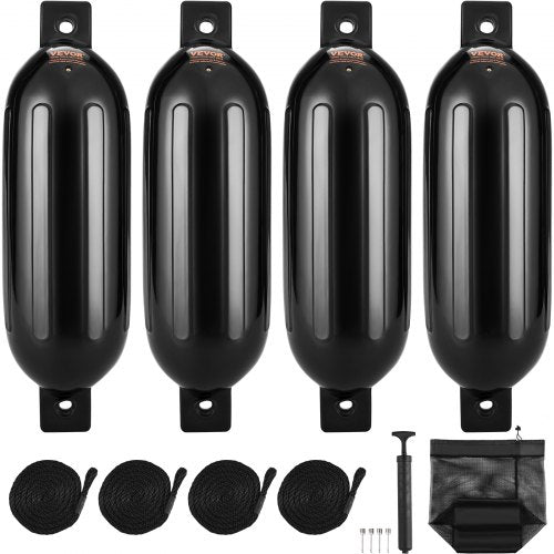 Four black inflatable boat fenders with ropes, a pump, needles, and a storage bag.